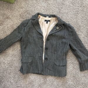 Mango Gray Tweed Fitted Blazer with Brooch Detail